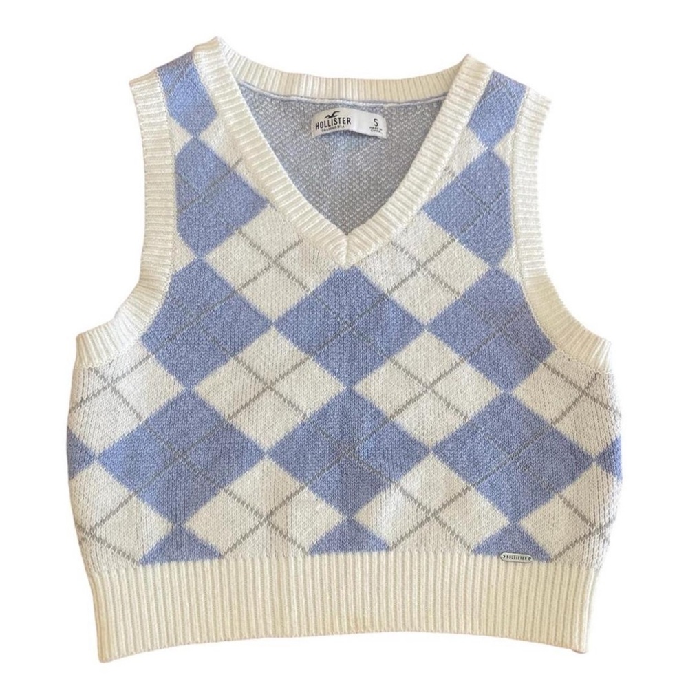Hollister Light Blue and Cream Argyle V-Neck Sweater Vest
